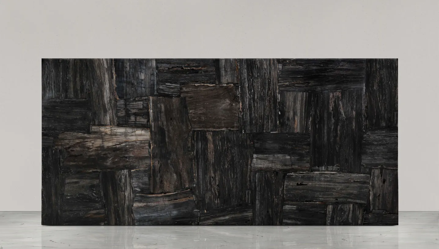 Petrified Wood Black Retro Finish, полудрагоценные камни — образец натурального камня